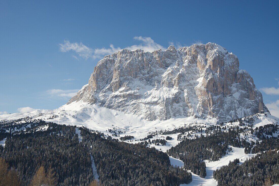 A winter view of Sassolungo Mountain in the Dolomites in the South Tyrol, Italy, Europe