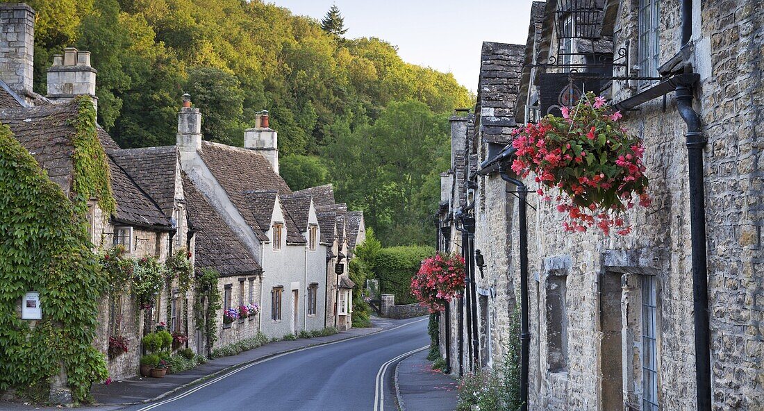 Pretty cottages in the picturesque Cotswolds village of Castle Combe, Wiltshire, England, United Kingdom, Europe