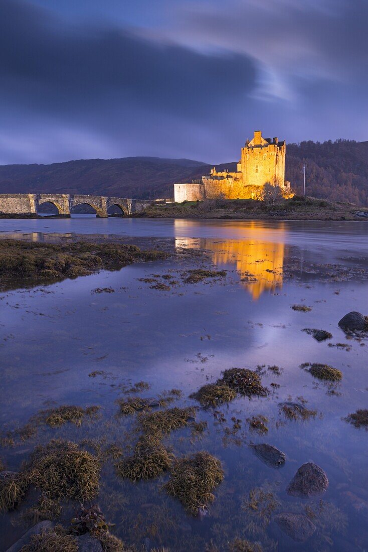Eilean Donan Castle on Loch Duich at twilight, Western Highlands, Scotland, United Kingdom, Europe