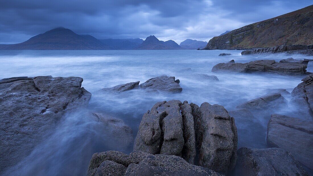 The Cuillin mountains from the coast at Elgol, Isle of Skye, Inner Hebrides, Scotland, United Kingdom, Europe