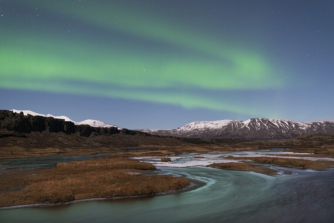 Aurora Borealis over Thingvellir, the ancient site of the Icelandic Parliament, Thingvellir National Park, UNESCO World Heritage Site, Iceland, Polar Regions