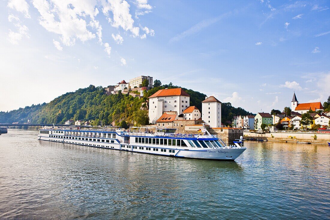 Cruise ship passing on the River Danube, Passau, Bavaria, Germany, Europe