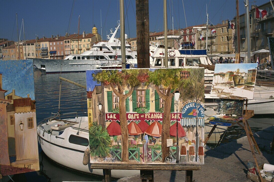 Art for sale on waterfront, St. Tropez, Var, Provence, Cote d'Azur, French Riviera, France, Mediterranean, Europe