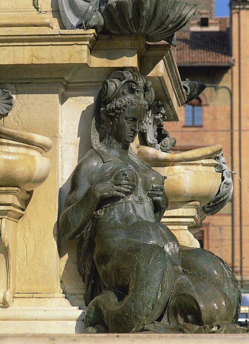 Detail of a female statue on the Fountain of Neptune in Bologna, Emilia Romagna, Italy, Europe