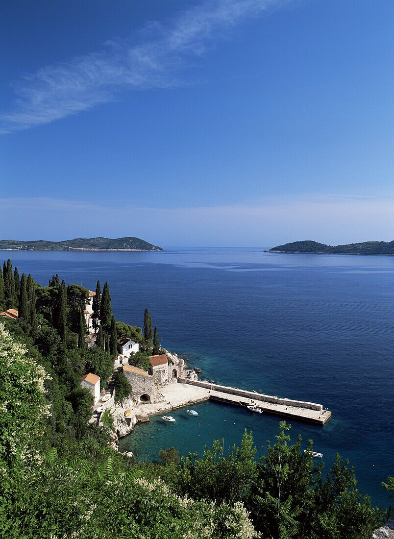 View of harbour and coast from Trsteno, Dalmatia, Croatia, Europe