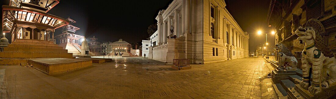 The old Royal Palace (Hanuman Dhoka), flanked by the 17th century pagoda Trailokya Mohan, Durbar Square at dawn, Kathmandu, Nepal, Asia