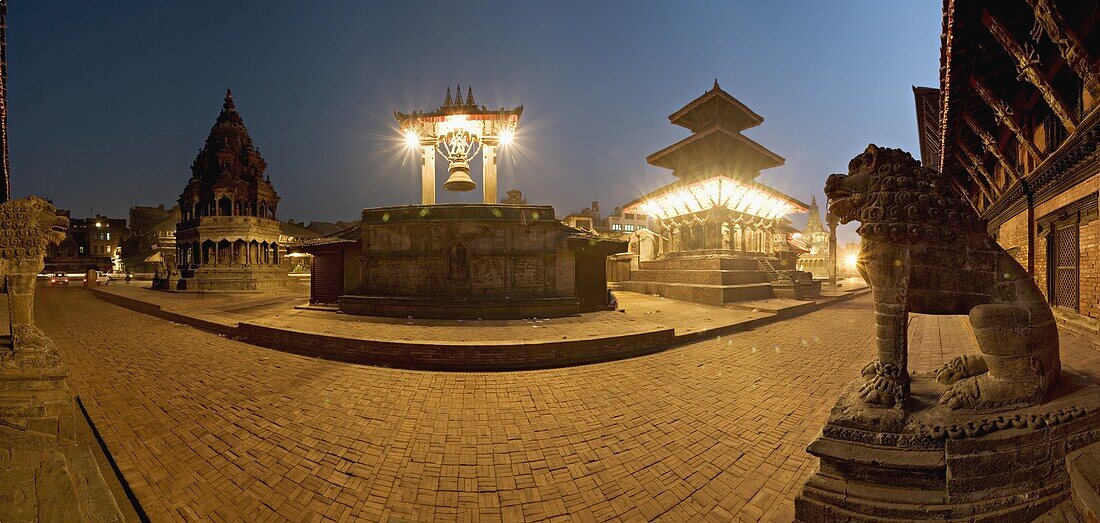 Durbar Square containg from the left the Chyasin Dewal temple, Taleju bell, the Hari Shankar Mandir, stone lions flanking steps to Mul Chowk, Patan, Kathmandu, Nepal, Asia