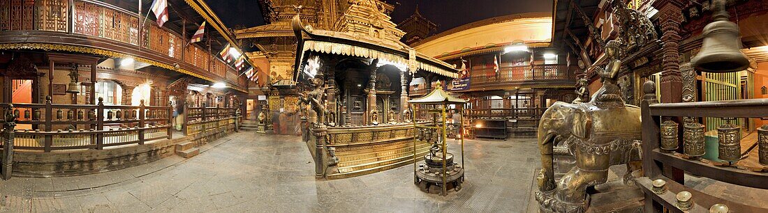 Panorama compiled from six images, giving a 270 degree view of the Golden Temple (Hiranyavarna Mahavihara) (Golden Monastery) in Patan, Kathmandu, Nepal, Asia