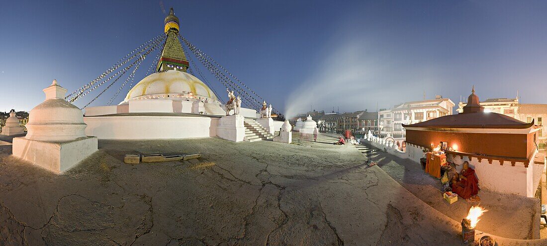 Panoramic image of Boudha, a large Tibetan stupa at Bodhnath, shortly before sunrise on the first day of Lhosar (Tibetan New Year), UNESCO World Heritage Site, Kathmandu, Nepal, Asia