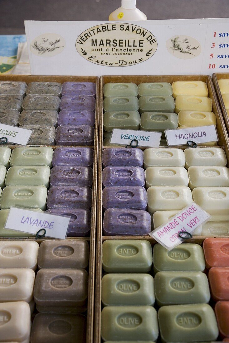 Soap for sale in the market, Antibes, Alpes Maritimes, Provence, Cote d'Azur, French Riviera, France, Europe