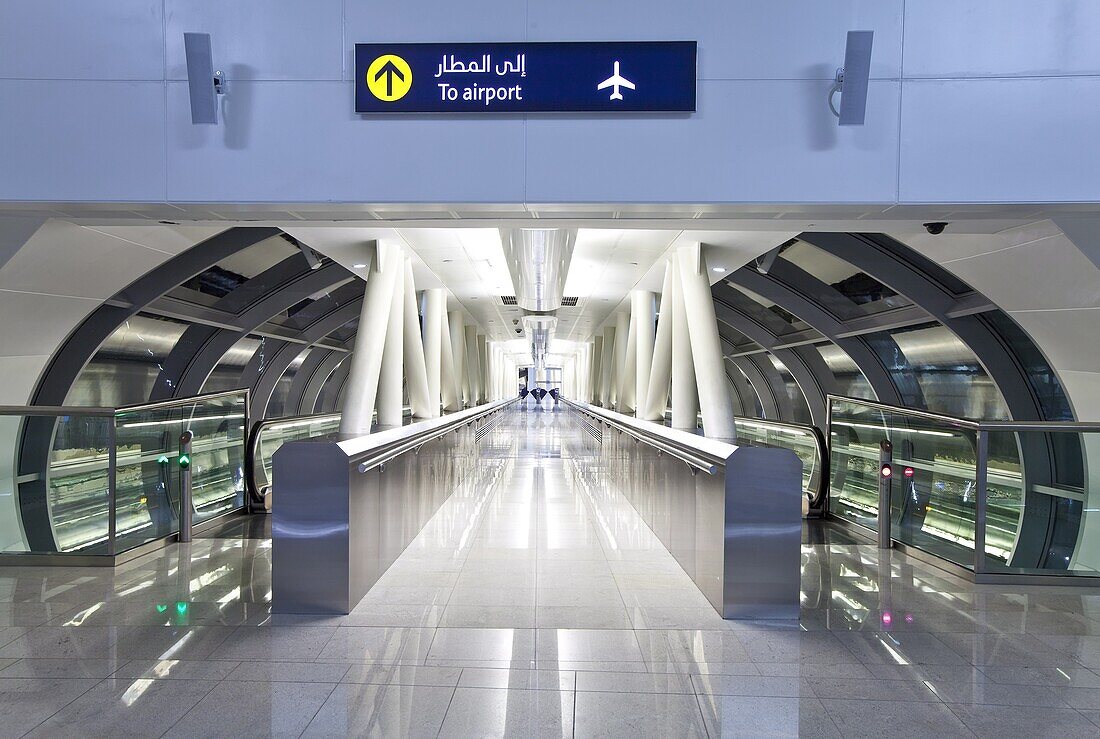 Walkway in the stylish Terminal 3, opened in 2010, Dubai International Airport, Dubai, United Arab Emirates, Middle East