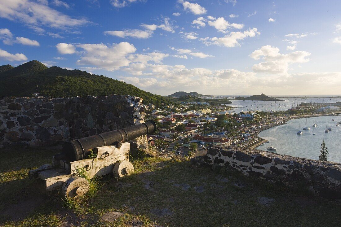 Elevated view over the French town of Marigot from Fort St. Louis, St. Martin, Leeward Islands, West Indies, Caribbean, Central America
