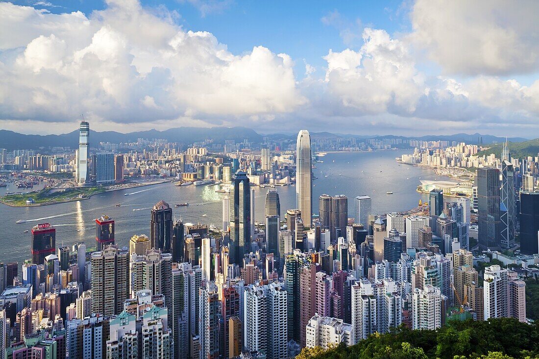 City skyline and Victoria Harbour viewed from Victoria Peak, Hong Kong, China, Asia