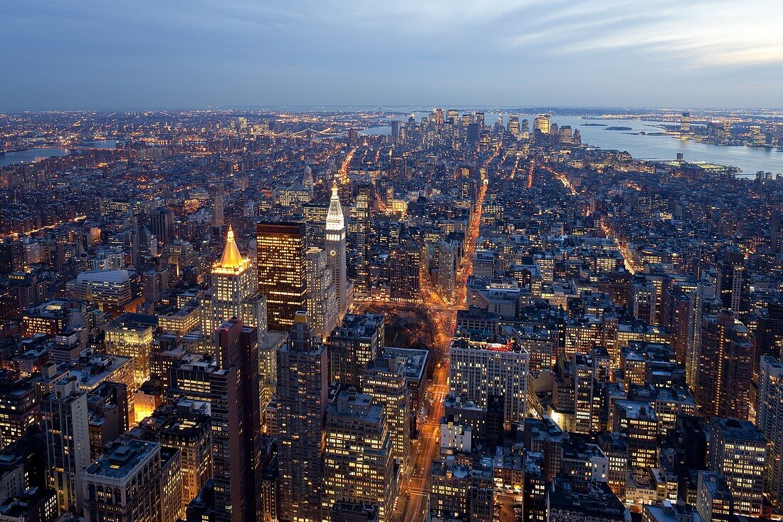 Elevated view of Mid-town Manhattan at dusk, New York City, New York, United States of America, North America