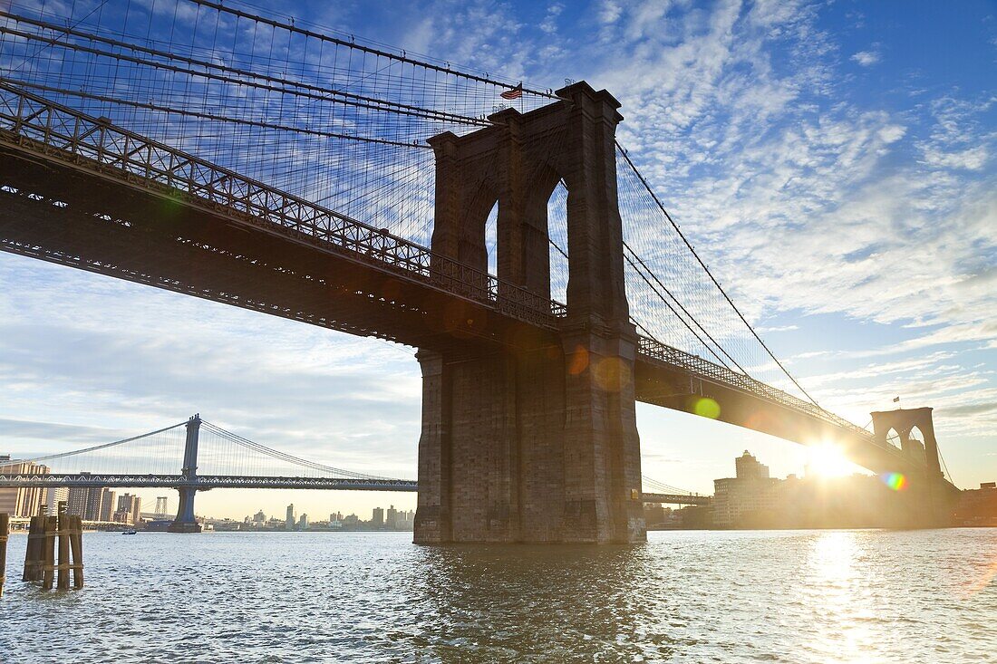 The Brooklyn and Manhattan Bridges spanning the East River, New York City, New York, United States of America, North America