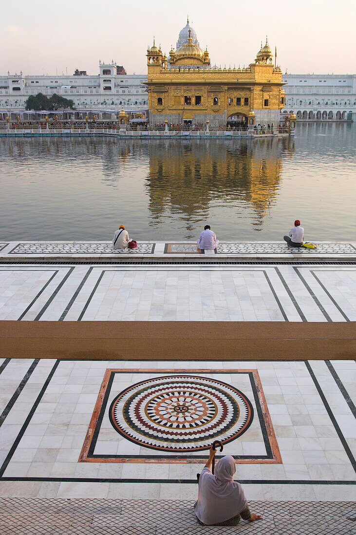 View from entrance gate of holy pool and Sikh temple, Golden Temple, Amritsar, Punjab state, India, Asia