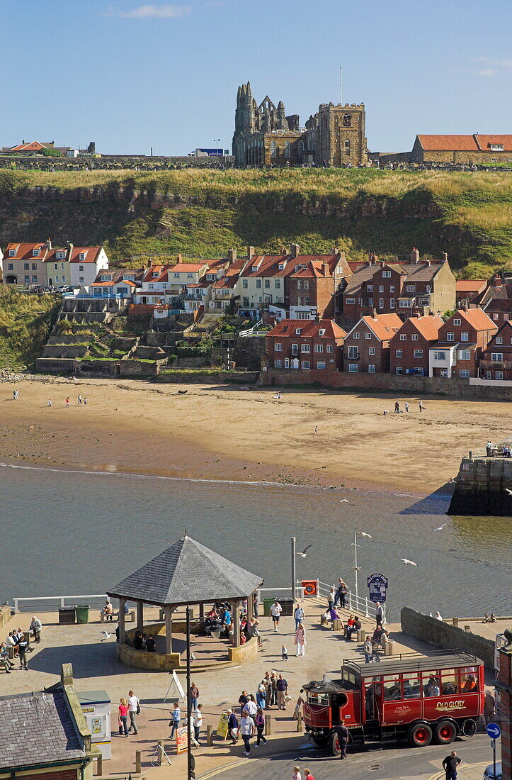 Whitby abbey, sandy beach and harbour, Whitby, North Yorkshire, Yorkshire, England, United Kingdom, Europe