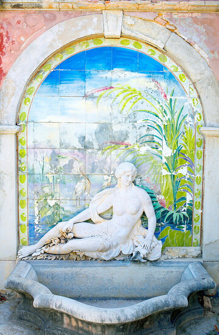 Fountain and painting, Estoi Palace, Estoi, Algarve, Portugal, Europe