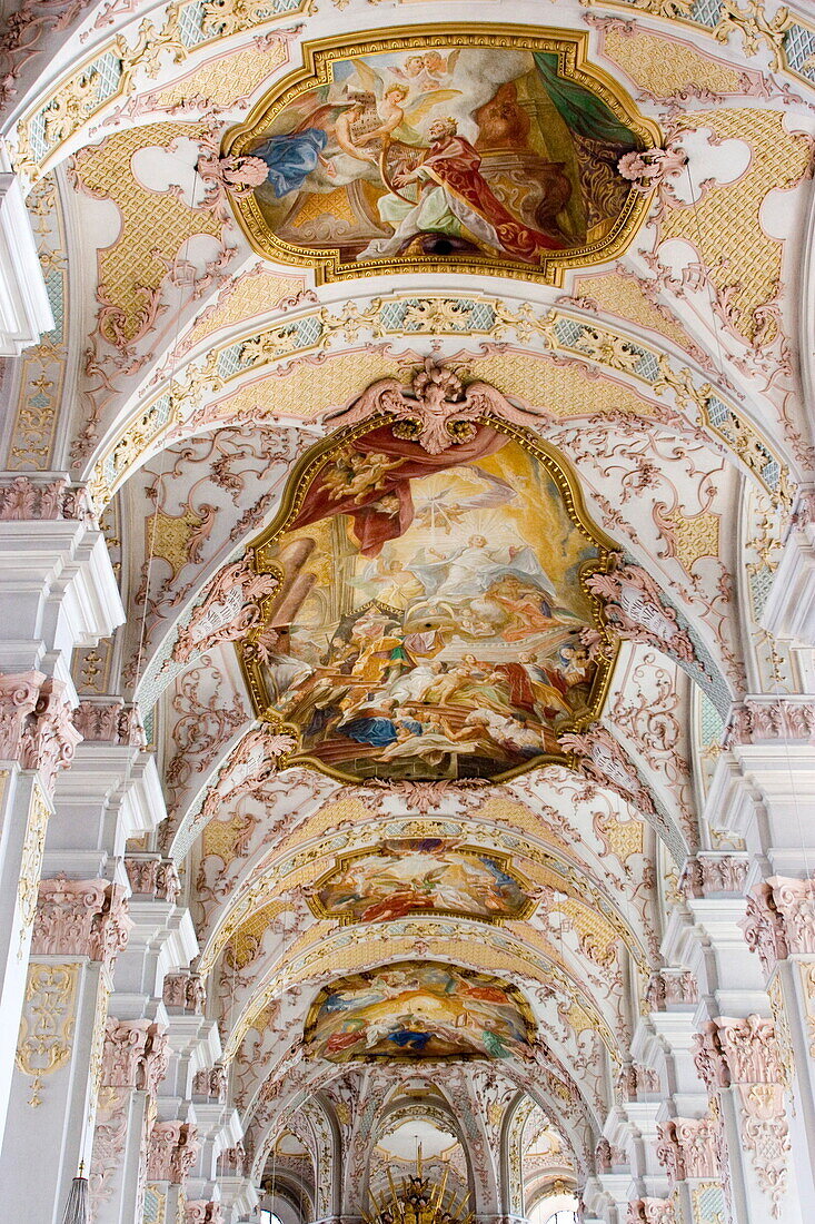 The ceiling frescoes in Heiliggeistkirche, church of the Holy Spirit, painted by Cosmas Damian Asam, Munich, Bavaria, Germany, Europe