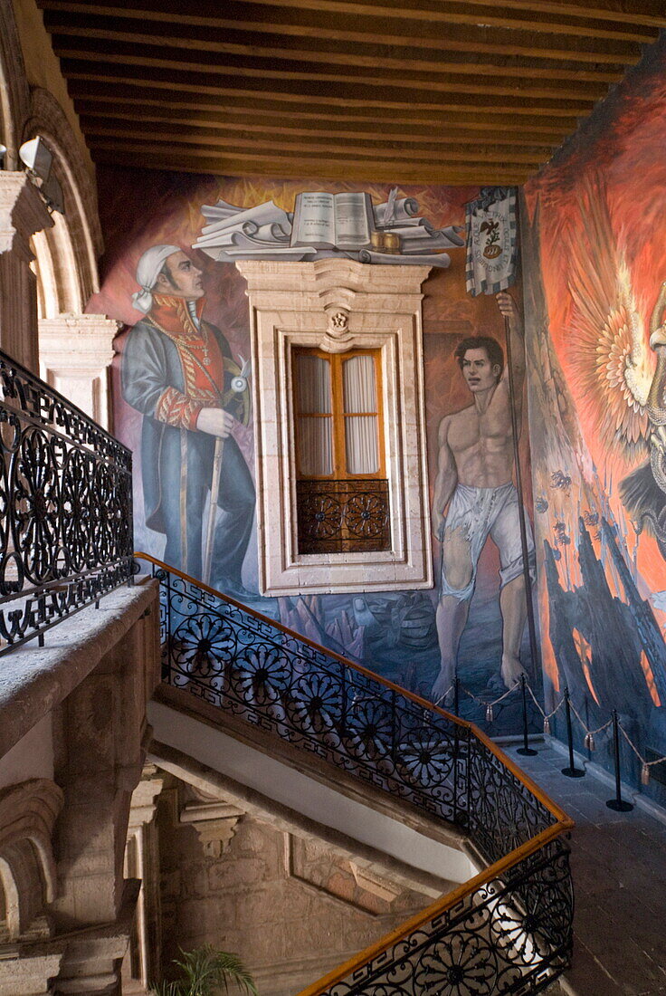 Murals of the revolutionary hero Jose Maria Morelos, painted by Agustin Cardenas in the Palicio de Justica, Morelia, Michoacan, Mexico, North America