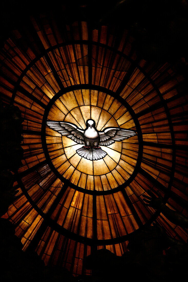 Stained glass window in St. Peter's basilica of Holy Spirit dove symbol, Vatican, Rome, Lazio, Italy, Europe