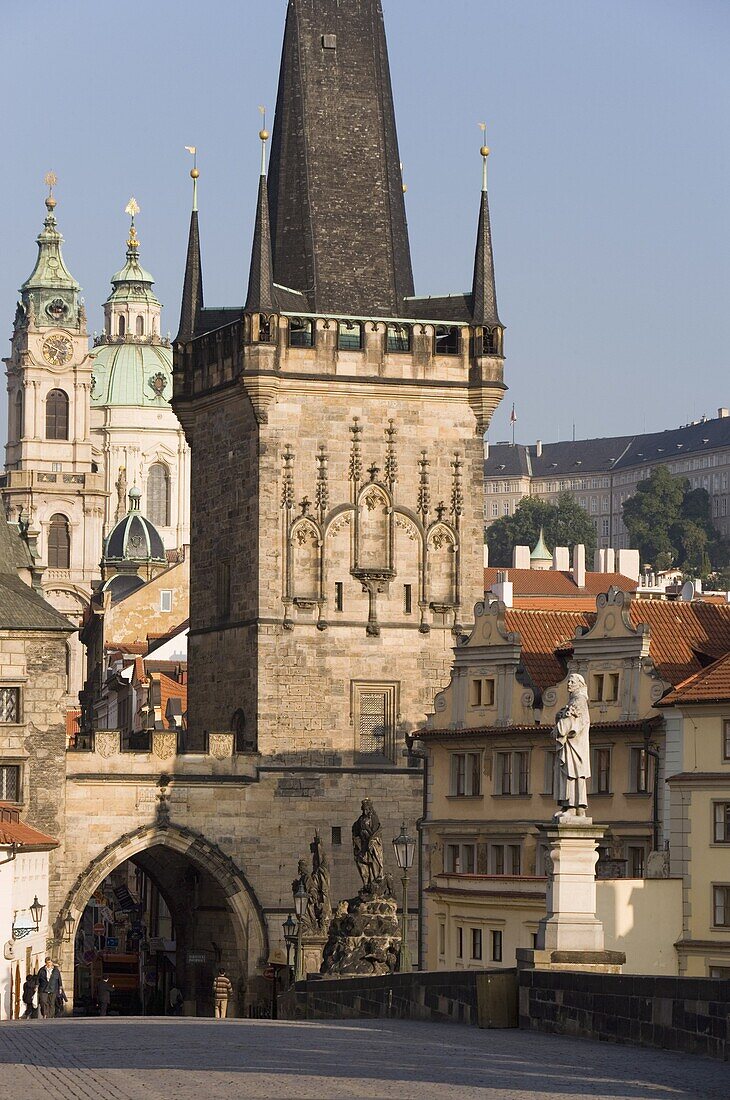 Charles Bridge, Little Quarter Bridge Tower, Church of St. Nicholas, Little Quarter, UNESCO World Heritage Site, Prague, Czech Republic, Europe