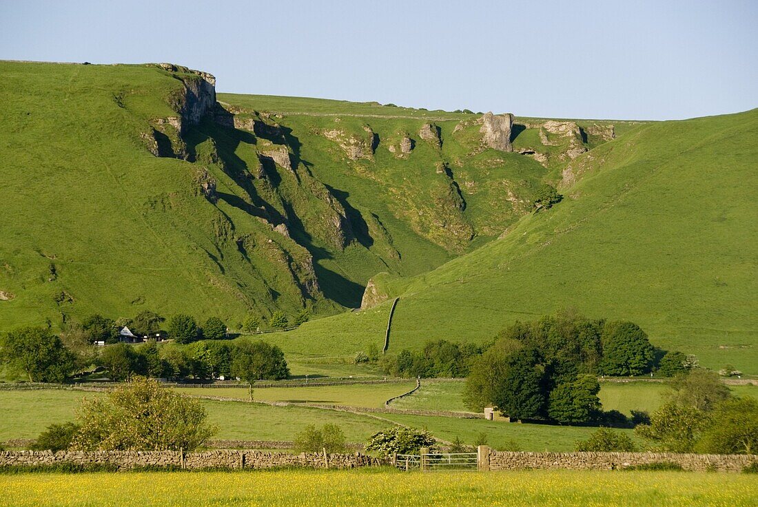 Winnats Pass, Ice Age meltwater gorge cut into reef limestone, Castleton, Peak District National Park, Derbyshire, England, United Kingdom, Europe