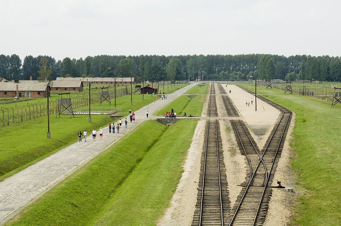 Railway line and platform where prisoners were unloaded and separated into able bodied men, kept for work, and woman and children who were taken to gas chambers, Auschwitz second concentration camp at Birkenau, UNESCO World Heritage Site, near Krakow (Cra
