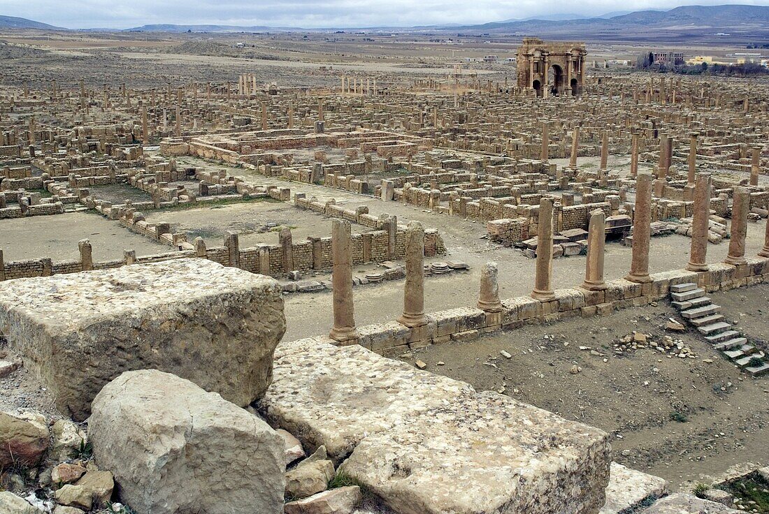 View from the theatre overlooking the Roman site of Timgad, UNESCO World Heritage Site, Algeria, North Africa, Africa