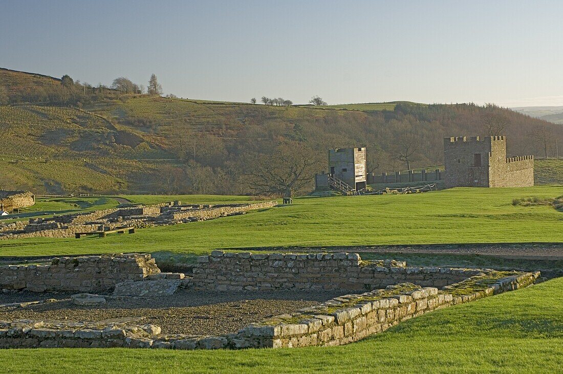 View south to reconstruction, Roman settlement and fort at Vindolanda, Roman Wall south, UNESCO World Heritage Site, Northumbria, England, United Kingdom, Europe