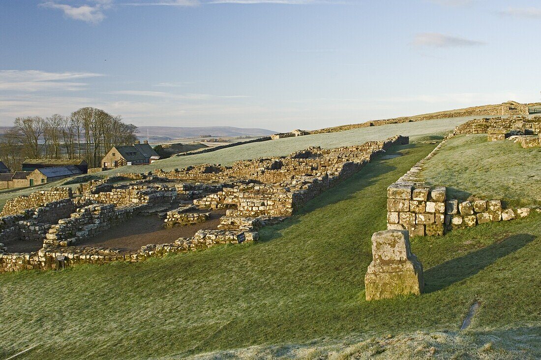 Part of Housesteads Roman Fort looking west, Hadrians Wall, UNESCO World Heritage Site, Northumbria, England, United Kingdom, Europe