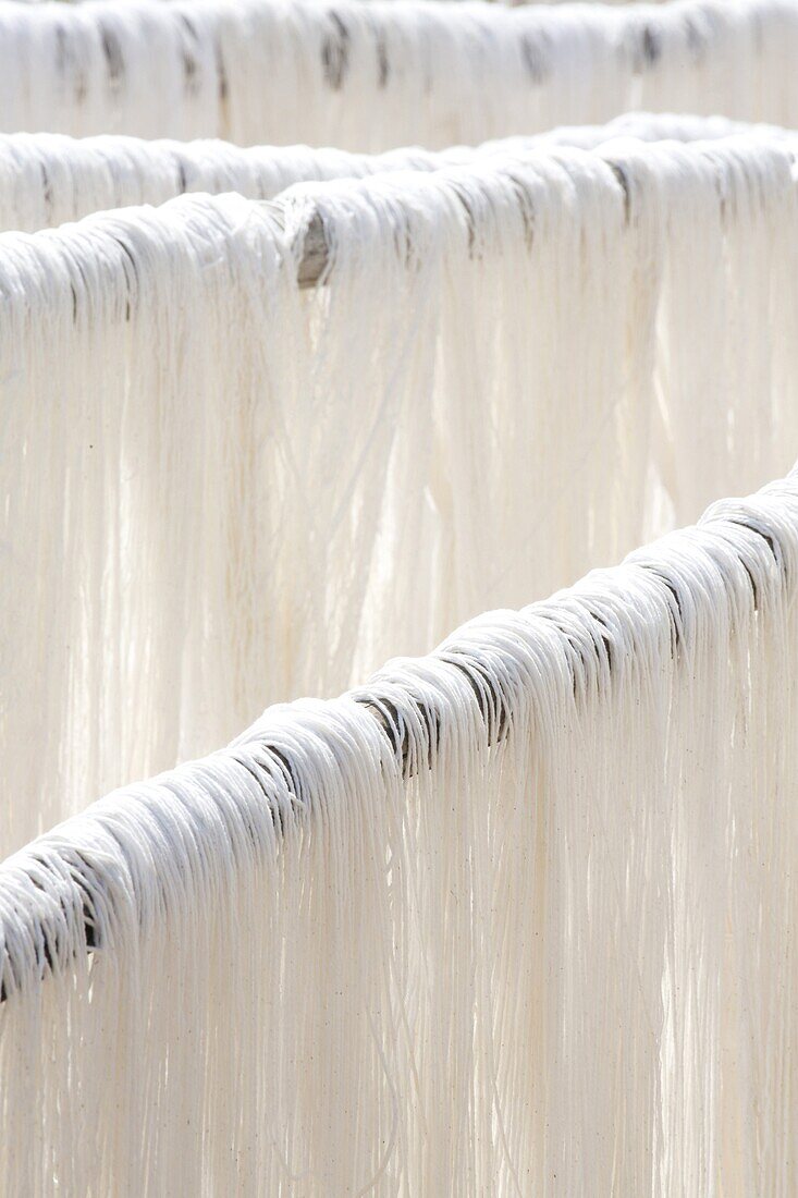 White silk drying in the sun on bamboo racks, Amarapura, near Mandalay, Myanmar (Burma), Southeast Asia