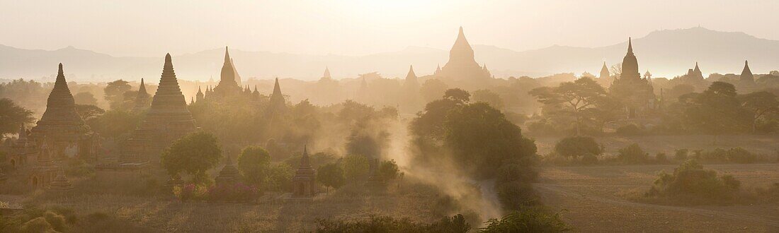 Panoramic view at sunset over the plain and temples of Bagan from Shwesandaw Paya, Bagan Central Plain, Myanmar (Burma)