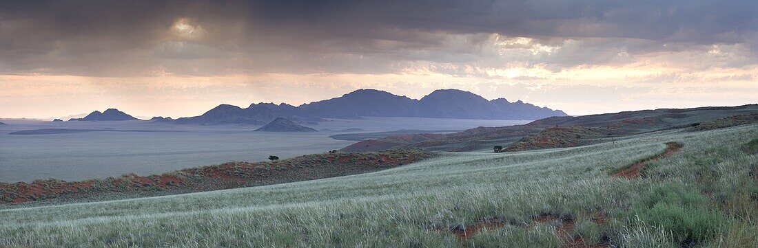 Panoramic view at dusk over the magnificent landscape of the Namib Rand game reserve, Namib Naukluft Park, Namibia, Africa
