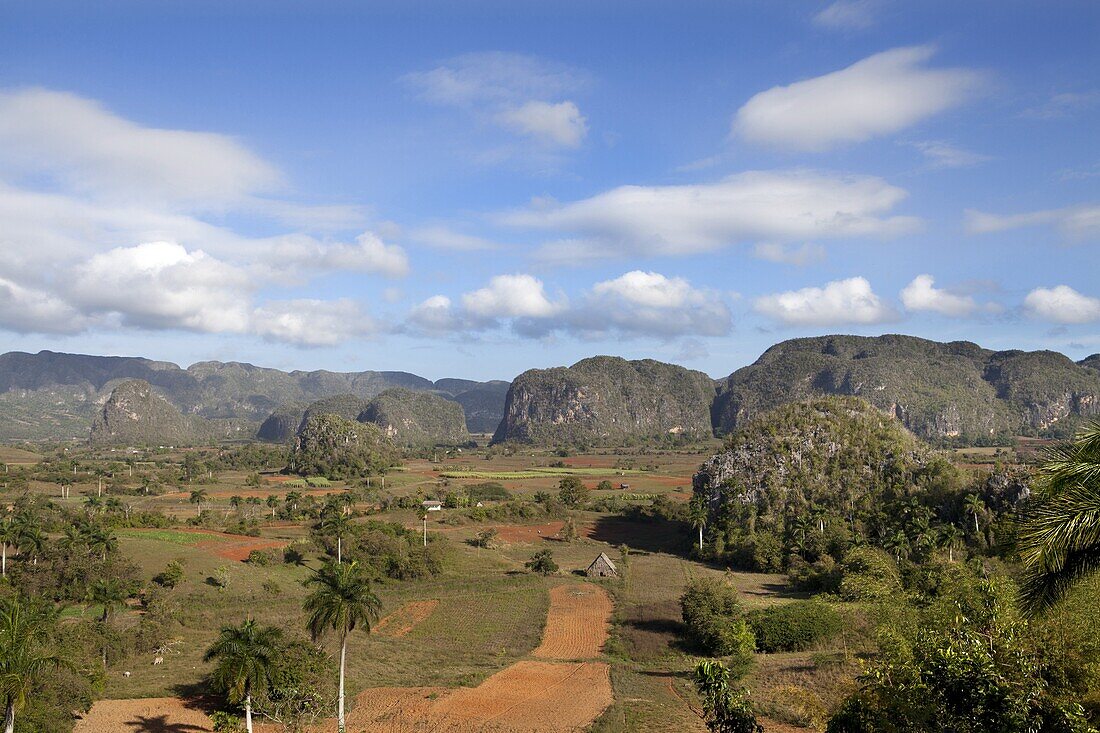 View across Vinales Valley, UNESCO World Heritage Site, from Hotel Los Jasmines, Vinales, Pinar Del Rio Province, Cuba, West Indies, Central America