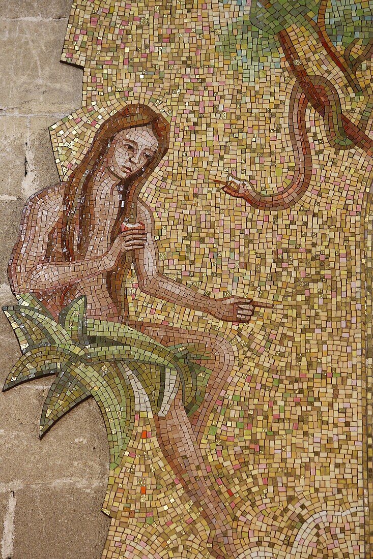 Mosaic of Eve and the serpent in Sacro Cuore di Gesu church, Gallipoli, Lecce, Apulia, Italy, Europe