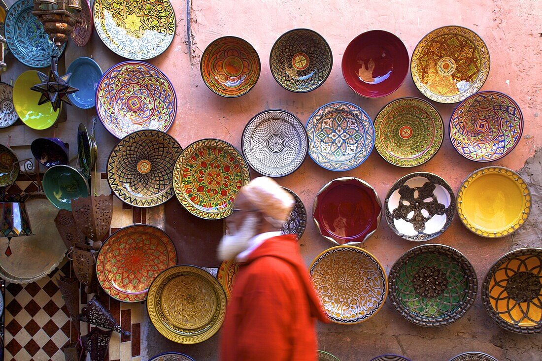 Street scene with Moroccan ceramics, Marrakech, Morocco, North Africa, Africa