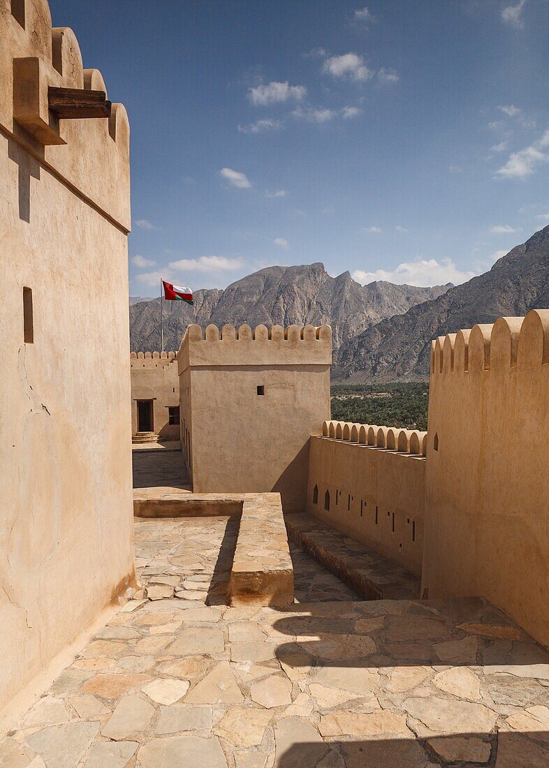 Inside the walls of the restored fort of Nakhal in the Western Hajar mountains of Oman, Middle East