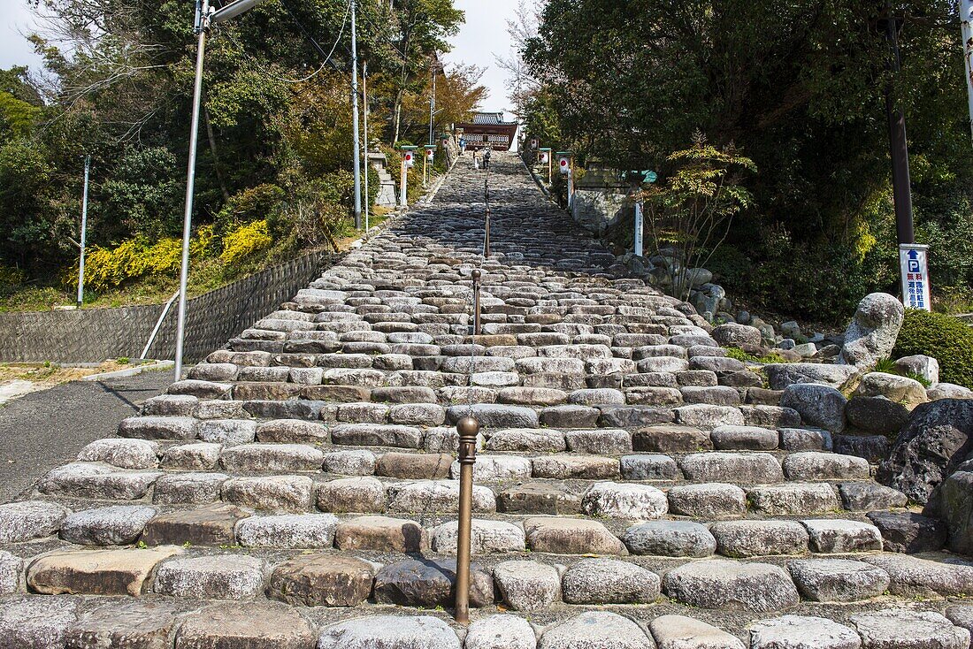 Steep steps leading to the Ishiteji Temple in Matsuyama, Shikoku, Japan, Asia