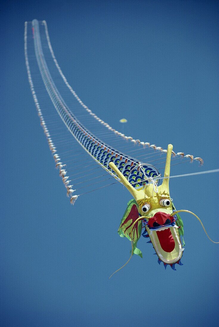 Close-up of low-flying kite, Venice Beach Kite Festival, Los Angeles, California, United States of America, North America