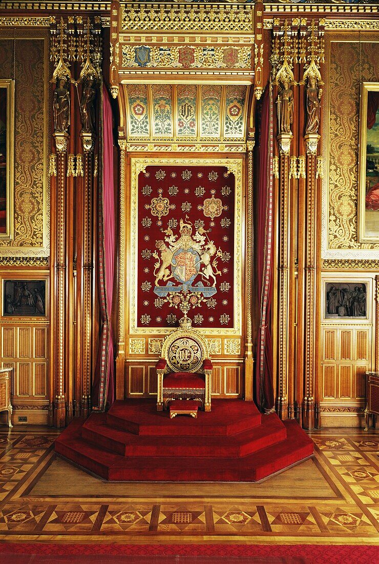 Throne in Queen's robing room, Houses of Parliament, Westminster, London, England, United Kingdom, Europe