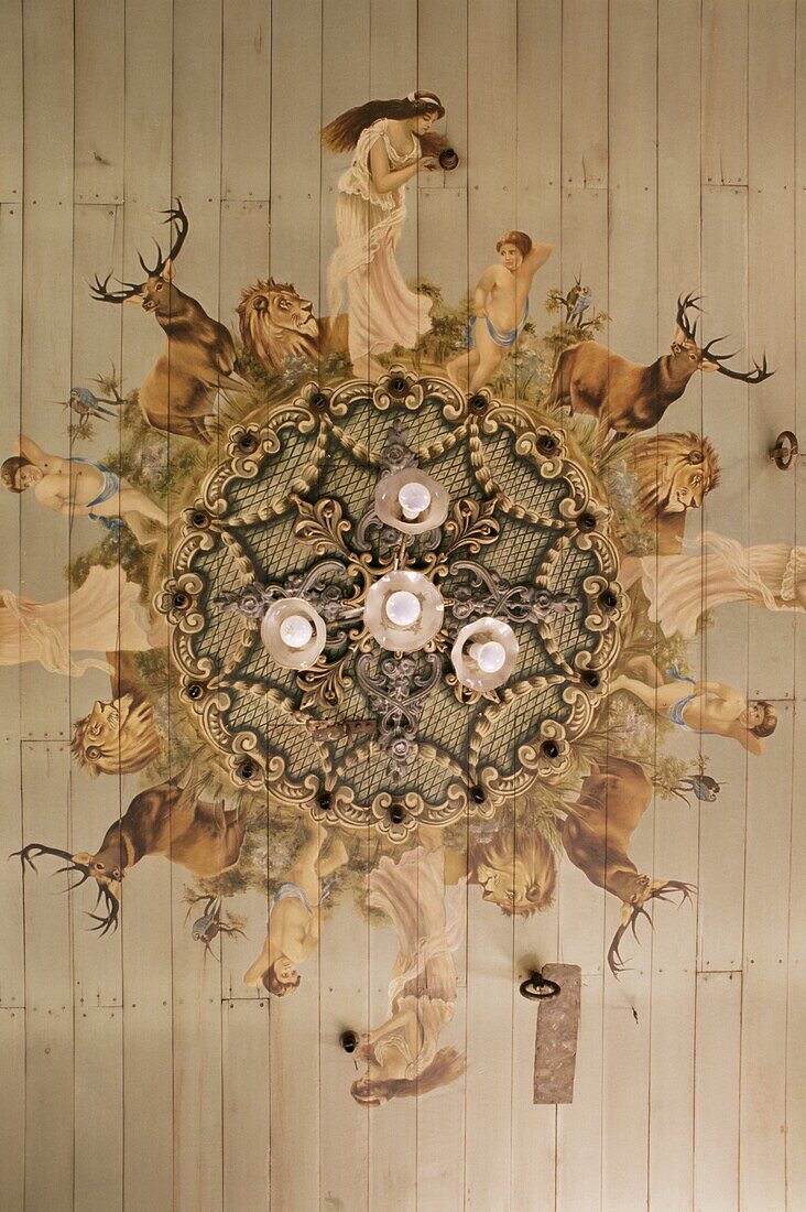 The magnificent and incongruous bedroom ceiling, painted in the European style, in a restored traditional Pol house, Ahmedabad, Gujarat state, India, Asia