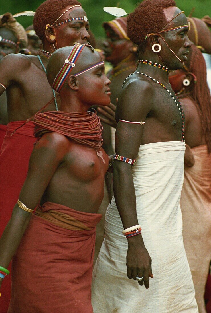 Young Samburu doing traditional tribal dance, Kenya, East Africa, Africa