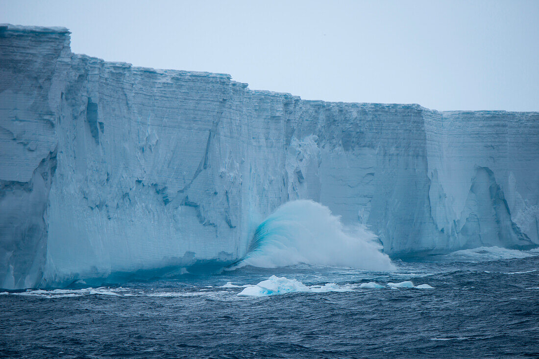 Wellen krachen gegen die ca. 30 Meter hohe Kante von einem 36 Kilometer langen Eisberg mit der Tracking-Nummer B17A, nahe Südgeorgien, Antarktis
