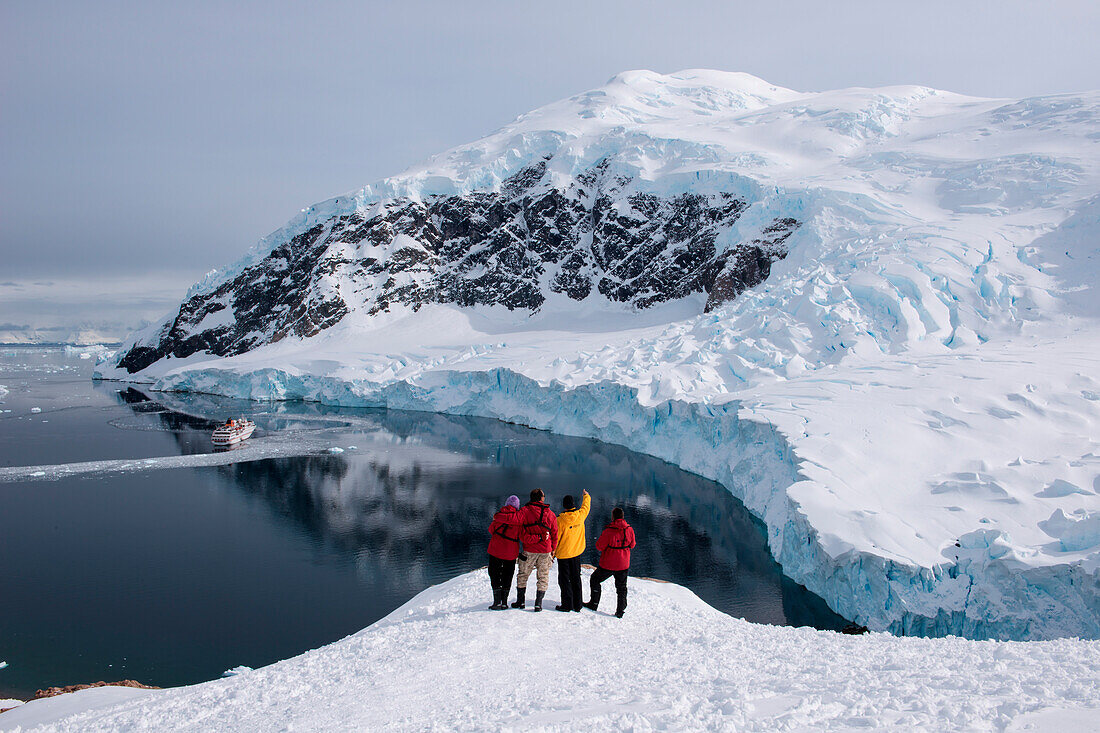 Passengers of expedition cruise ship MS Hanseatic (Hapag-Lloyd Cruises) admire view from snow-covered mountain, Neko Harbour, Graham Land, Antarctica