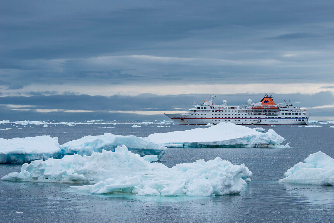 Ice floes and expedition cruise ship MS Hanseatic (Hapag-Lloyd Cruises), Brown Bluff, Weddell Sea, Antarctic Peninsula, Antarctica