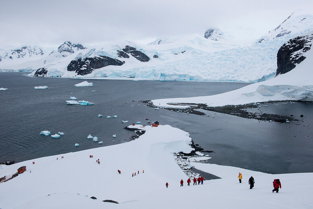 Passengers of expedition cruise ship MS Hanseatic (Hapag-Lloyd Cruises) trek along snow-covered mountain, Almira Brown, Paradise Bay (Paradise Harbor), Danco Coast, Graham Land, Antarctica