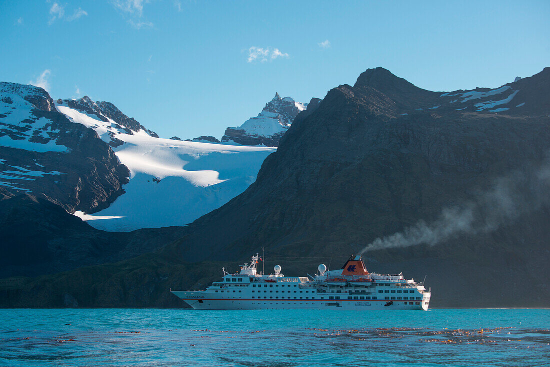 Expedition cruise ship MS Hanseatic (Hapag-Lloyd Cruises) with rugged mountain backdrop and glacier, Gold Harbour, South Georgia Island, Antarctica