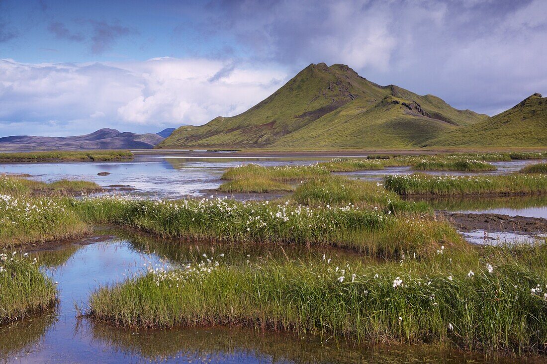 Stori-Kylingu, 730 m, overlooks Kylingar vegetated lakeshore, east of Landmannalaugar area, Fjallabak region, Iceland, Polar Regions