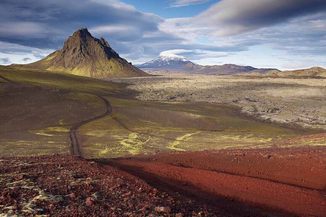 Mount Krakatindur, 858 m, standing solitary in the Nyjahraun lava field, east of Hekla volcano in the distance, Fjallabak route north (Nyrdri-Fjallaback) in the interior, Iceland, Polar Regions